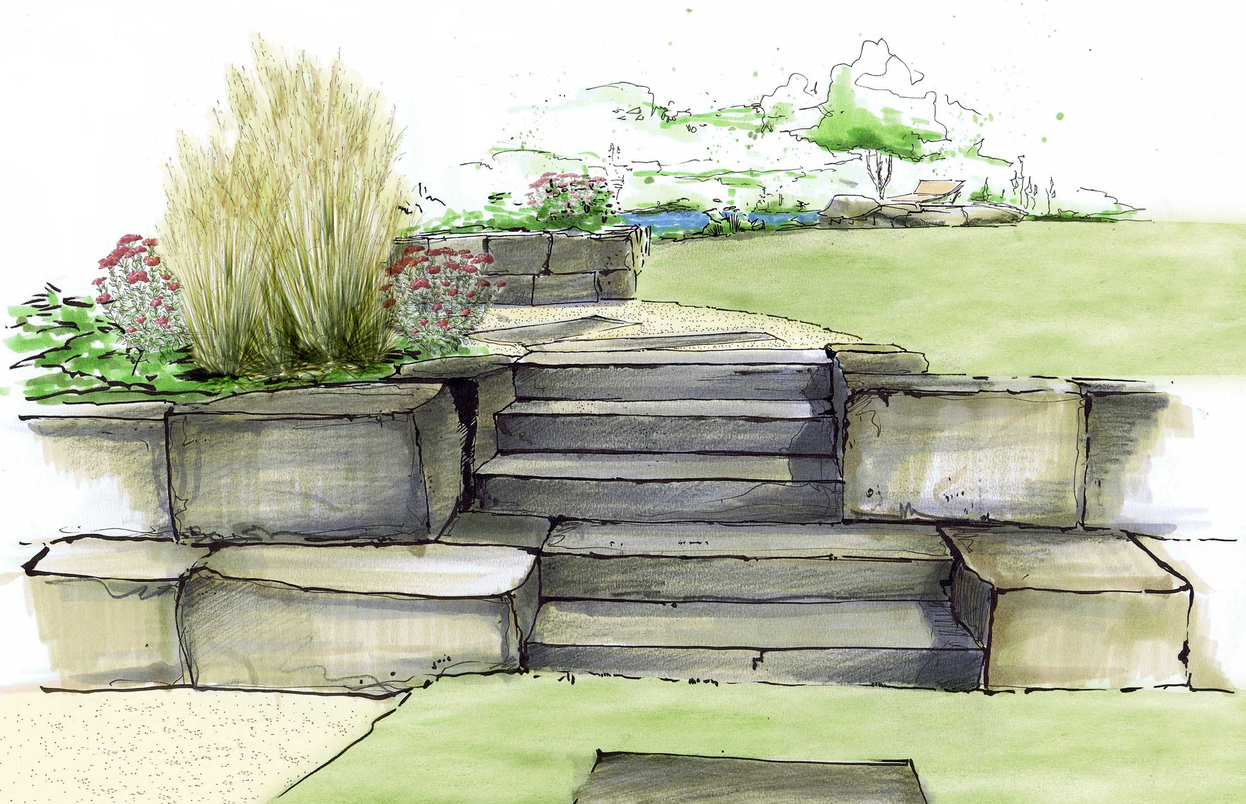 Gartenplanung Muschelkalk Stufen & Sitzsteine